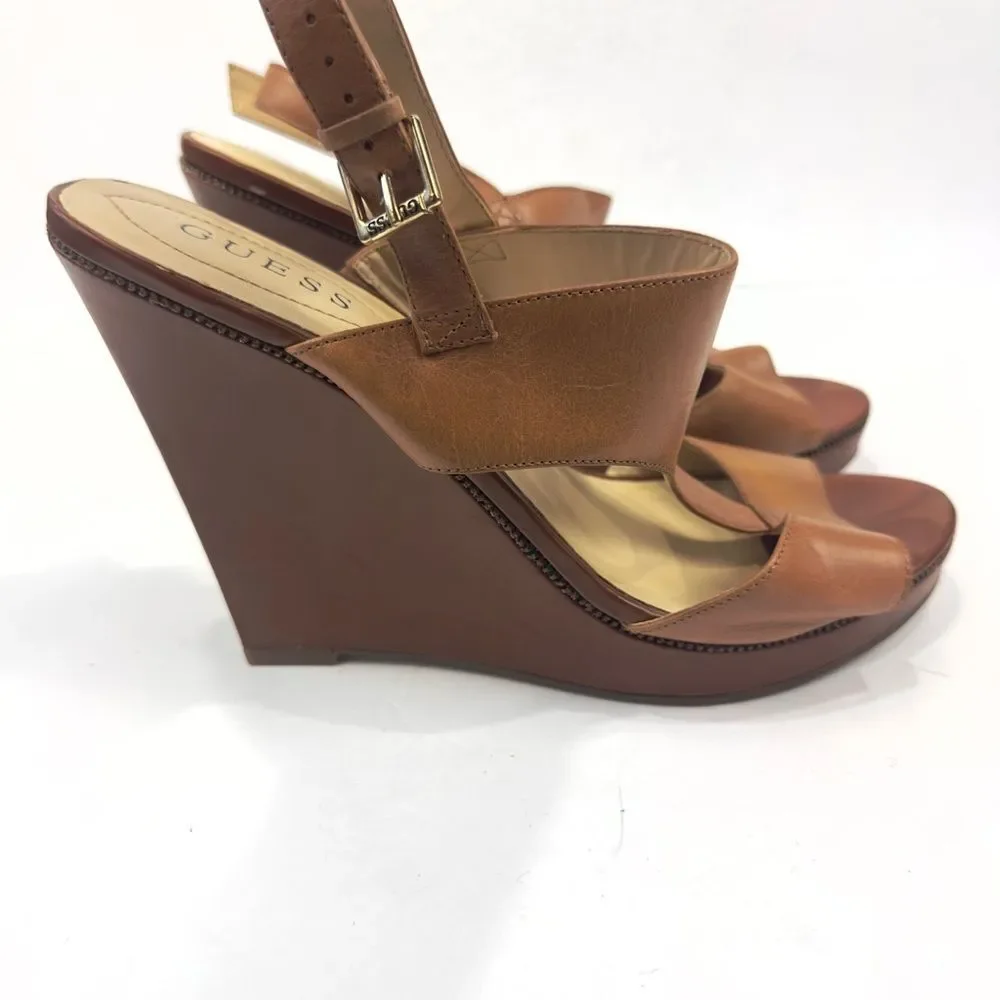 Guess WGFRANCIE Brown Leather Wedge Open Toe Strappy Sandals Women's Sz 10M